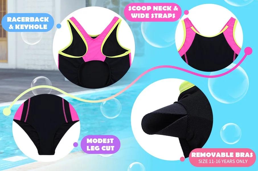 Anfilia – maillot de bain une pièce pour filles, col rond, dos nageur à haute élasticité et trou de