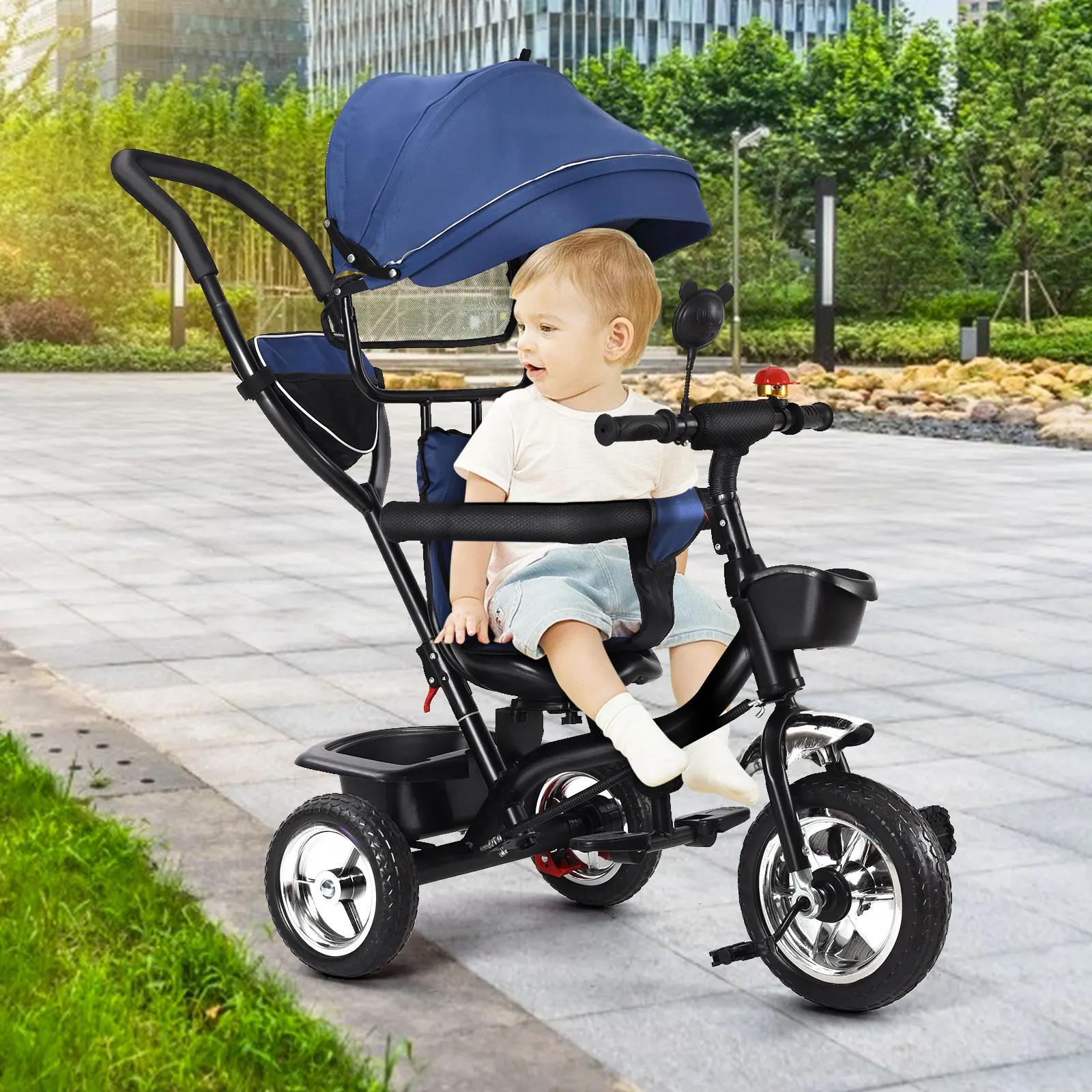 Tricycle avec barre de poussée, siège rotatif, voyage avant et arrière, auvent pliable avec protecti