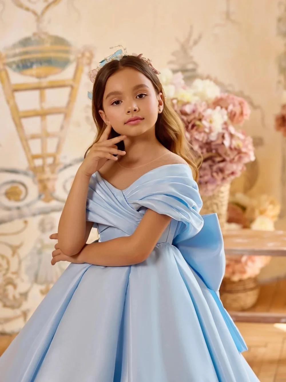 Robe longue de princesse en satin bleu clair pour enfants, tenue de fête d'anniversaire, épaules dén