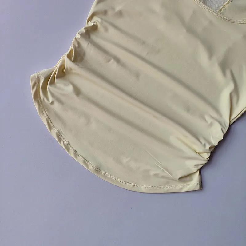 Haut de sport de Yoga d'été pour femmes, manches courtes, taille plissée, maille épissée, T-Shirt de