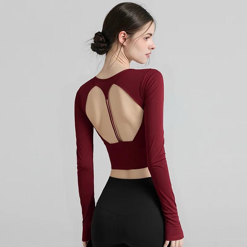 Femmes Sexy évider bretelles haut de sport coussinets manches longues Yoga Fitness Pilates haut d'en