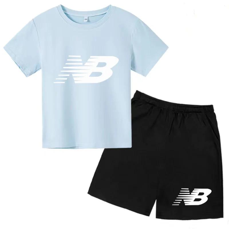 T-shirt noir à col rond et short pour enfants, ensemble de sport décontracté à manches courtes pour