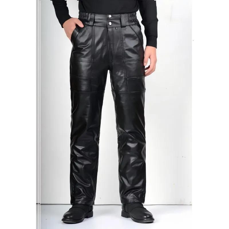 Pantalon en cuir de vache véritable pour hommes, coupe ample, chaud, coupe-vent, pour moto, pour l'e