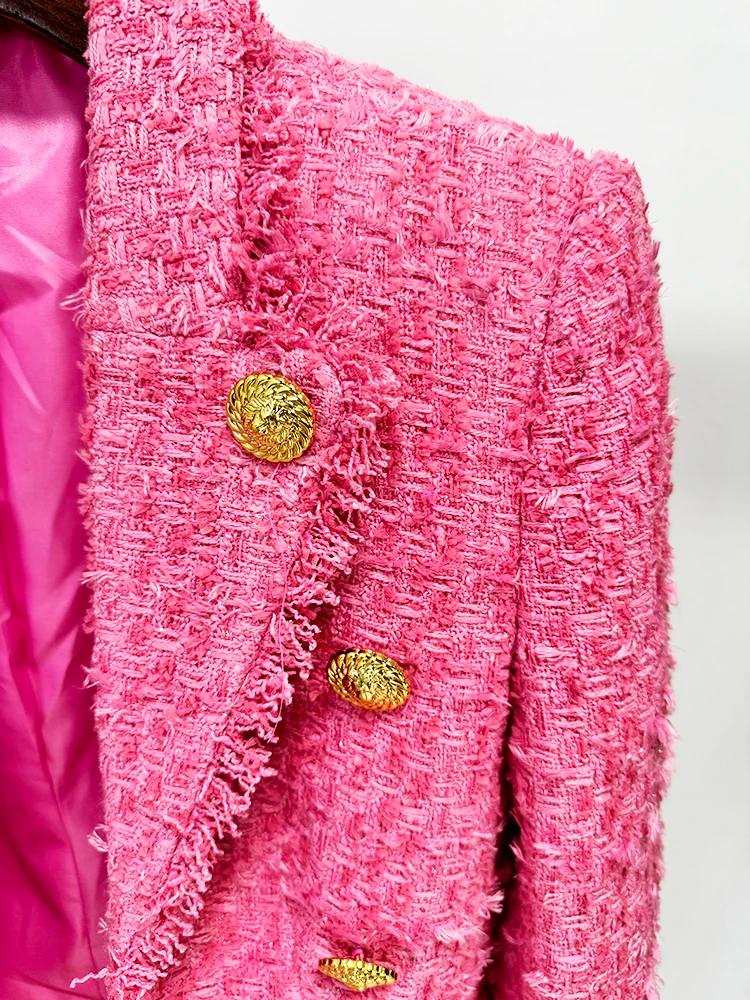 HIGH STREET Nouveauté 2026 FW Blazer en tweed pour femme, coupe ajustée, à franges et pompons, de cr