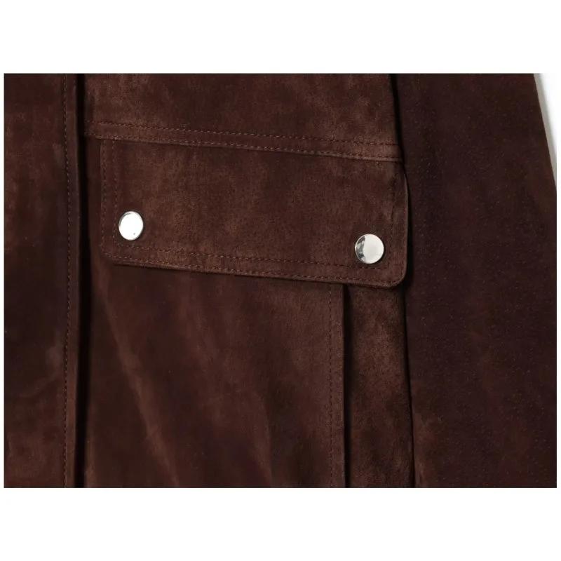 Femmes veste en cuir suédé avec poches automne mode col haut à manches longues bouton veste dame man