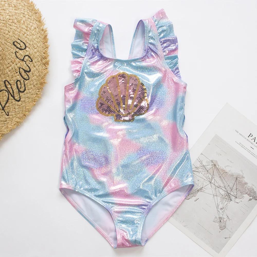 Maillot de bain une pièce pour filles et enfants, motif écailles de poisson, broderie en forme de co