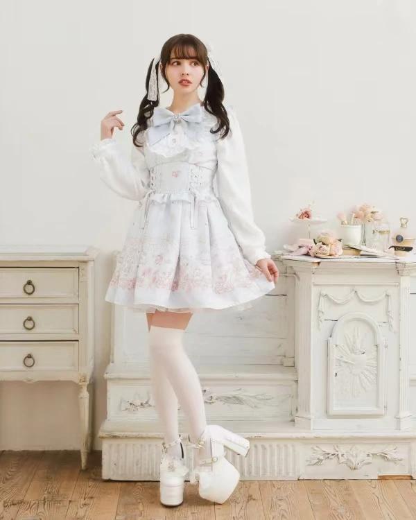 Robe Lolita japonaise pour femmes, manches longues, col de poupée, imprimé, taille élastique, Jirai