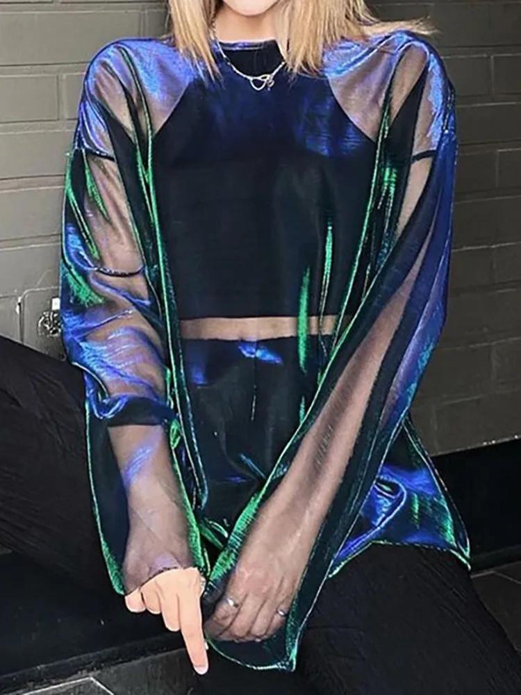 T-shirt transparent à manches longues et col rond pour femme, vêtement Y2k, Sexy, surdimensionné, te