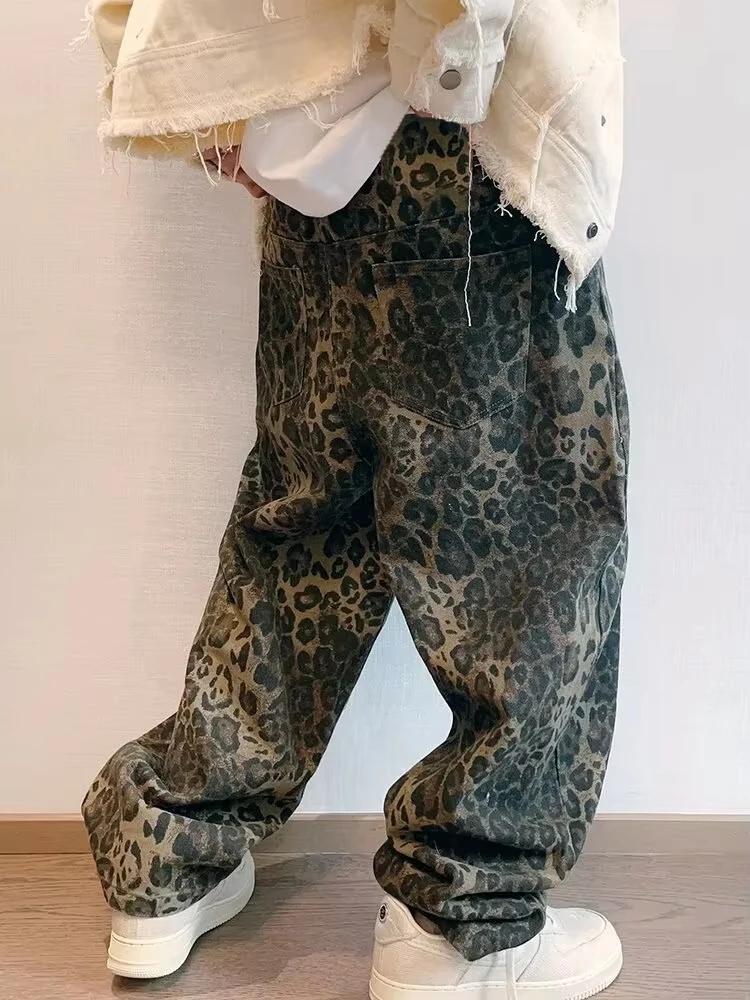 Jean léopard Tan pour homme, pantalon en Denim, surdimensionné, jambes larges, Streetwear, Hip Hop,