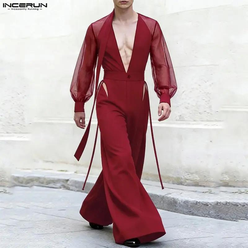 Combinaisons pour hommes INCERUN, style streetwear, à manches longues, col en V, transparentes, avec