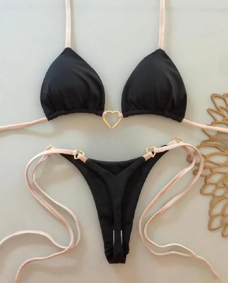 Sexy licou couleur unie ensemble Bikini maillot de bain pour femme deux pièces Triangle string maill