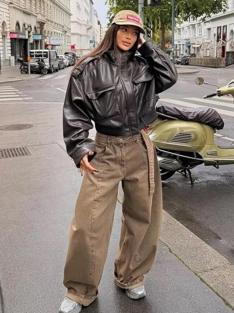 HH mode printemps femmes Faux cuir recadrée veste 2026 Vintage col rabattu fermeture éclair manches