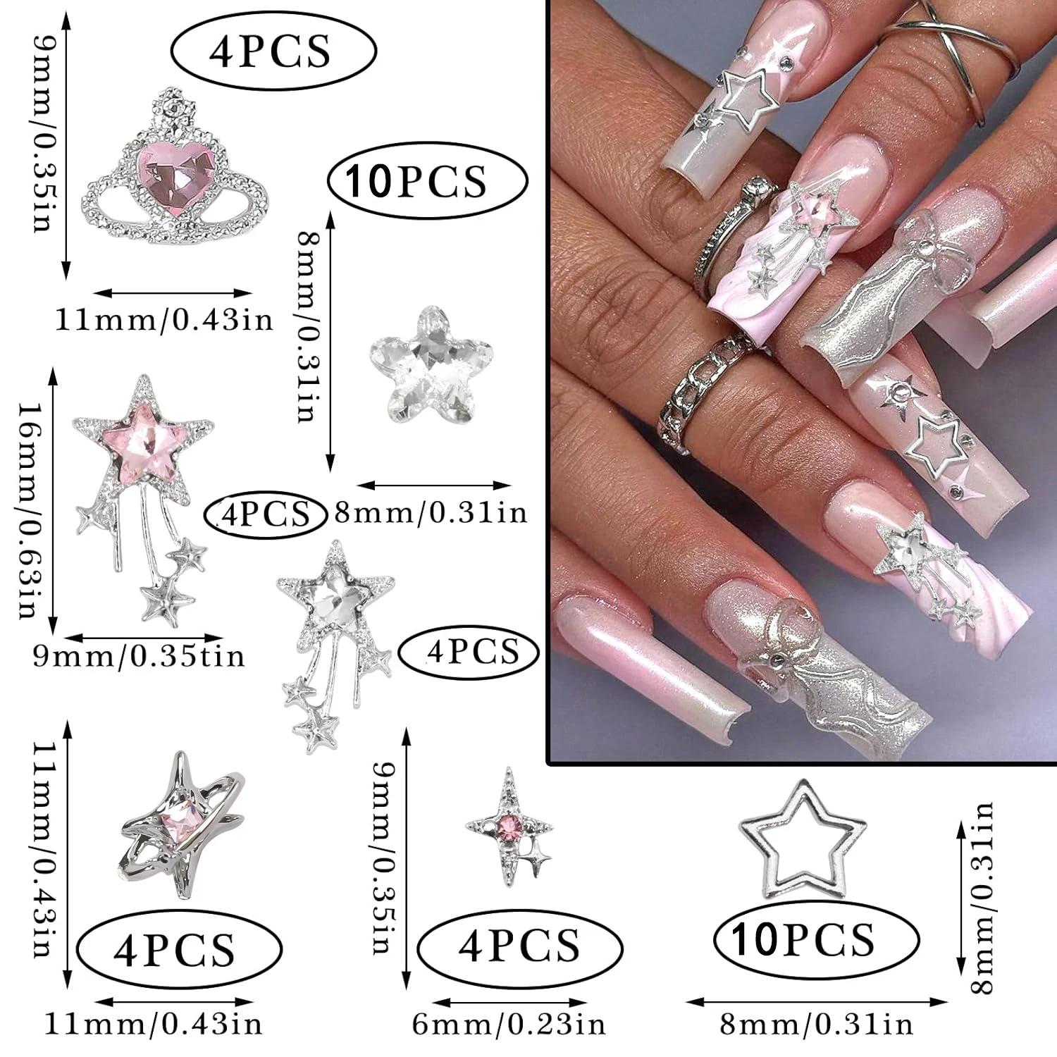 40 pièces étoile ongles breloques argent 3D étoile breloques rose ongles strass Multi Style Nail Art