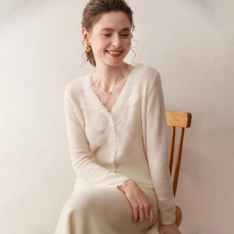 Cardigans de luxe en cachemire pour femmes, col en v, hauts en tricot, décontracté, motif feuilles,