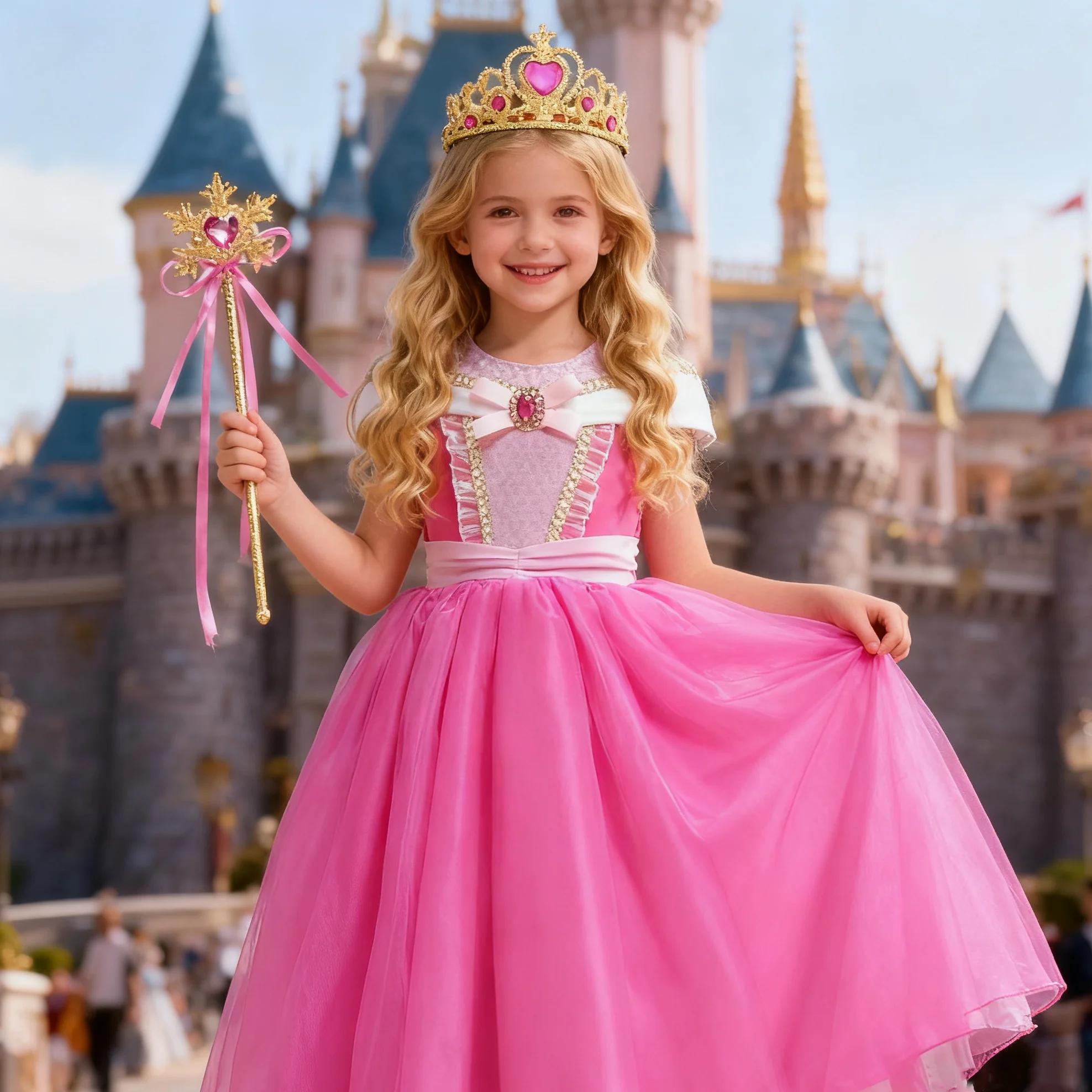 Robe rose pour filles, Costume de Cosplay aurore pour enfants, tenue de princesse de luxe, robe de b