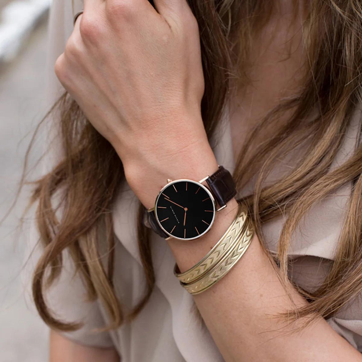 HANNAH MARTIN Top marque femmes montres étanches 36mm mode luxe Ultra mince en cuir créatif or Rose