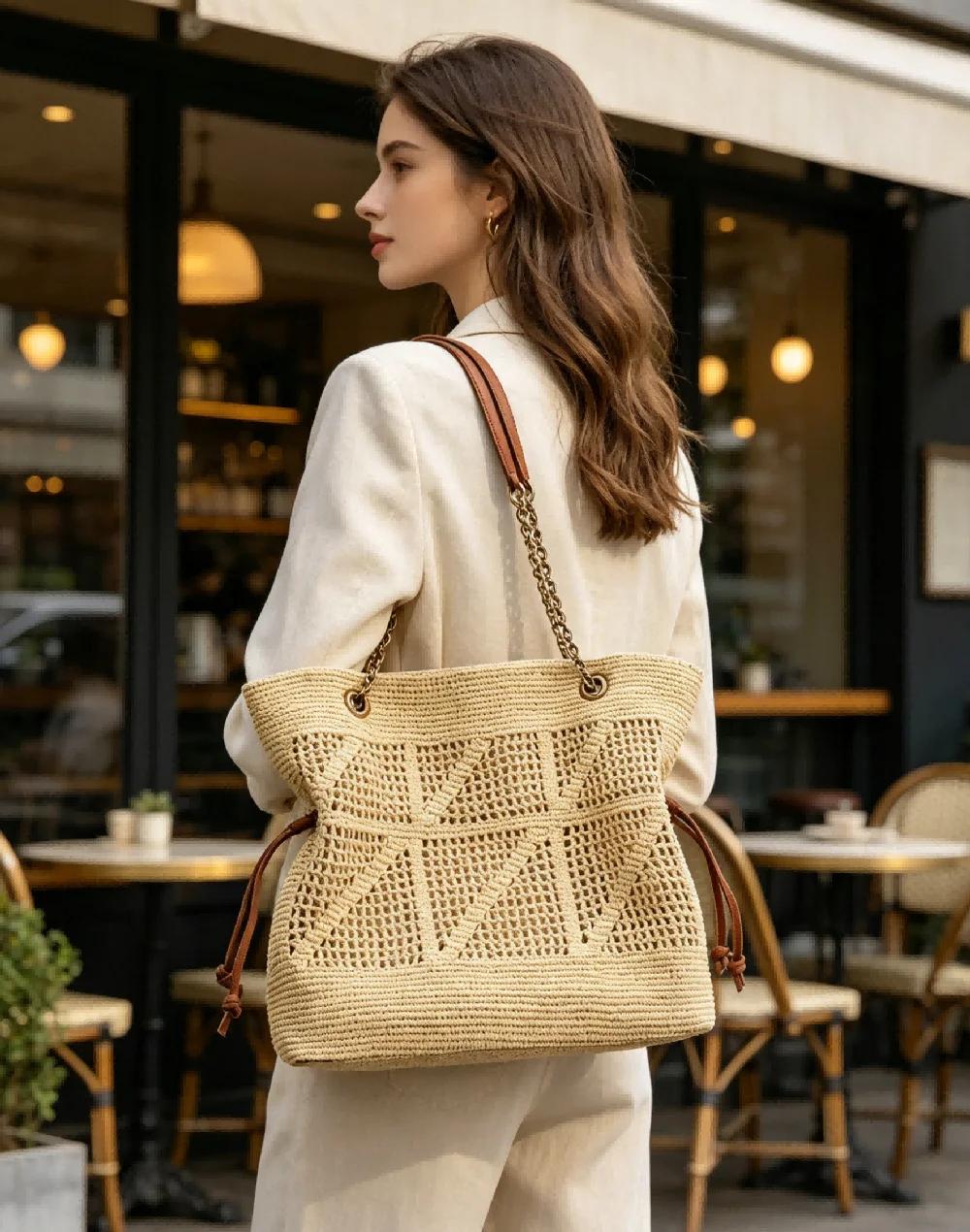 Sac fourre-tout tissé beige bohème pour femme, sac à bandoulière décontracté avec cordon de serrage