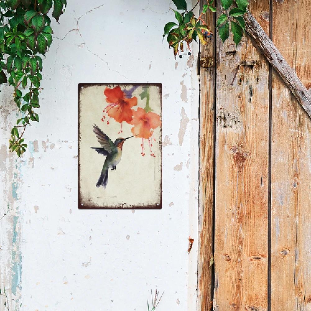 Putuo Decor-Oiseau vintage en métal 18/Sign, champ avec des fleurs sauvages et un oiseau, décor d'ar