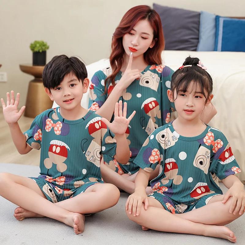 Pyjama d'été 2 pièces à manches courtes pour enfant, ensemble fin et mignon, neutre, parent-enfant,