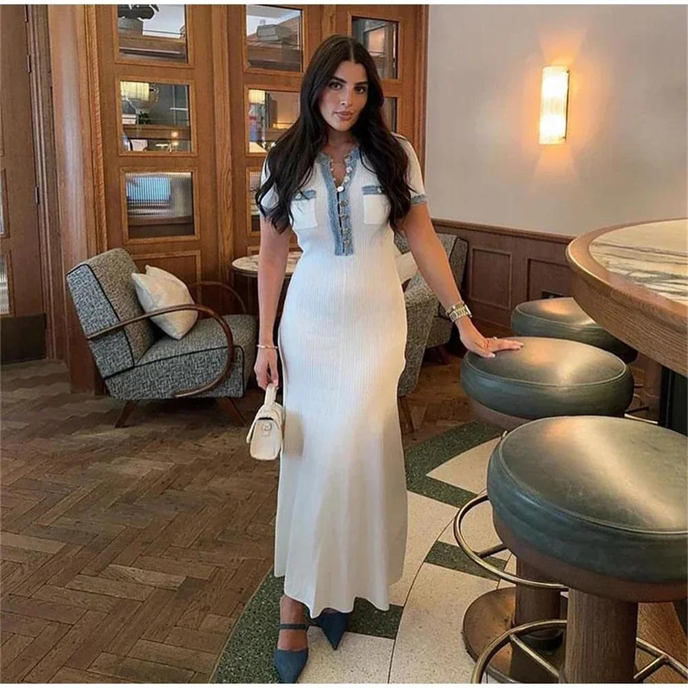 Robe Maxi en tricot pour femmes, élégante, contrastée, Chic, col rond, manches courtes, boutons méta