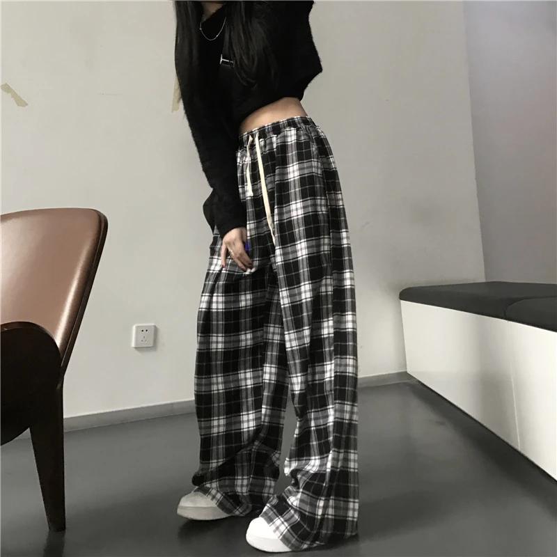 Pantalon de Survêtement Surdimensionné à Carreaux Noirs pour Femme, Baggy Décontracté, Taille artifi