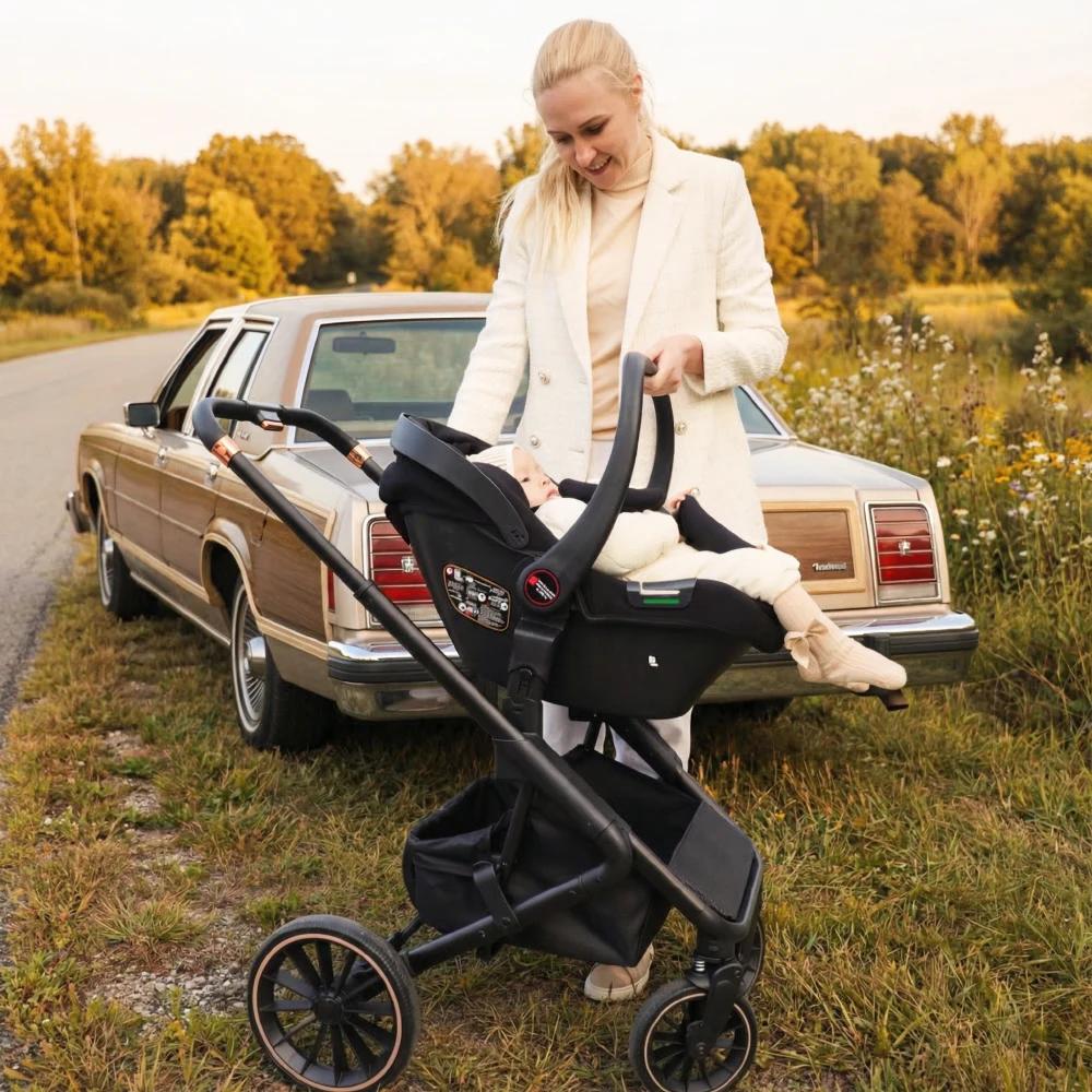Poussette multifonctionnelle rose pour bébé, système de voyage, cadre léger pliable gris avec siège