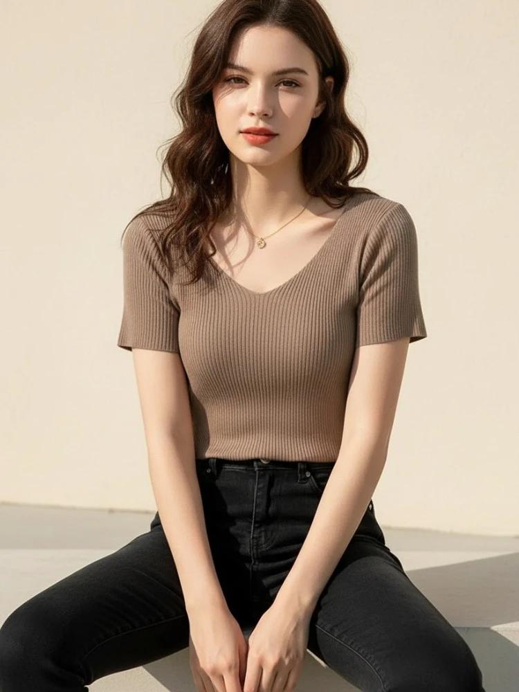 AOSSVIAO 2026 – Nouveau pull côtelé tricoté pour femme, col en V, uni, fin, moulant, à manches court