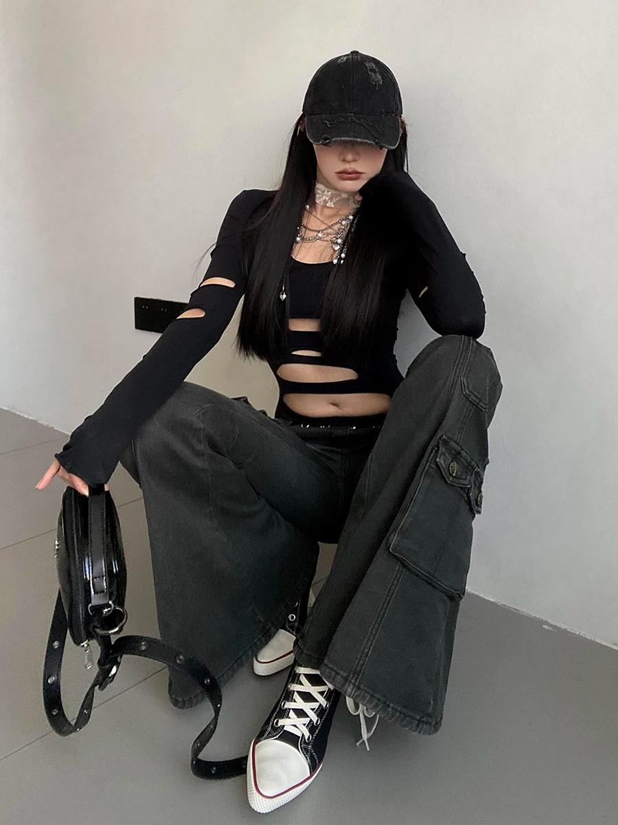 REDDACHiC Acubi mode noir Flare jean rétro moustaches maigre Stretch taille basse poches Cargo panta