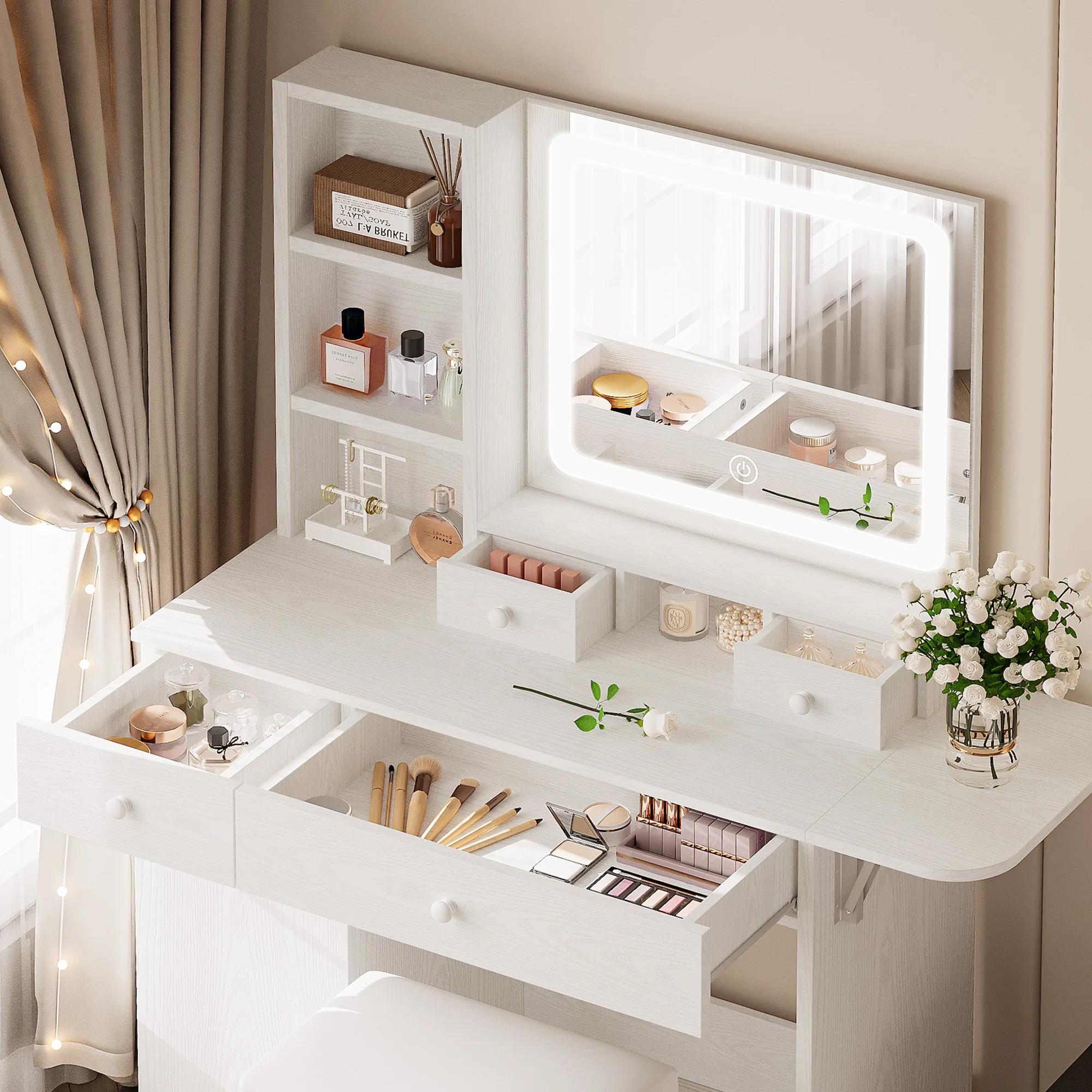 LIKIMIO-Bureau de courtoisie avec miroir 4.2 par LED, prise de courant et armoire, tabouret de range