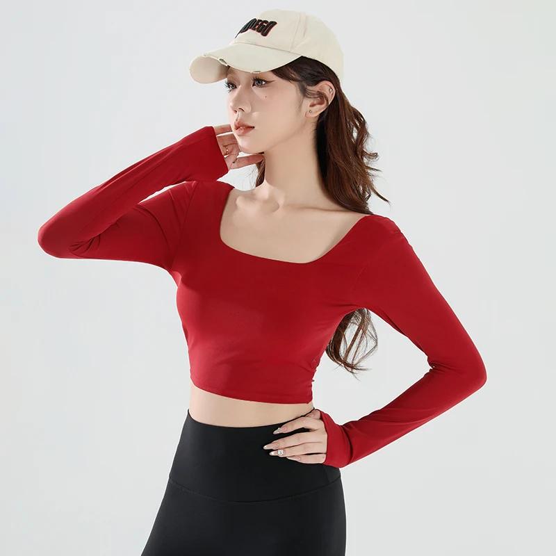 T-shirt de sport à manches longues pour femmes, Sexy, court, dos nu, coussin de poitrine fixe, serré