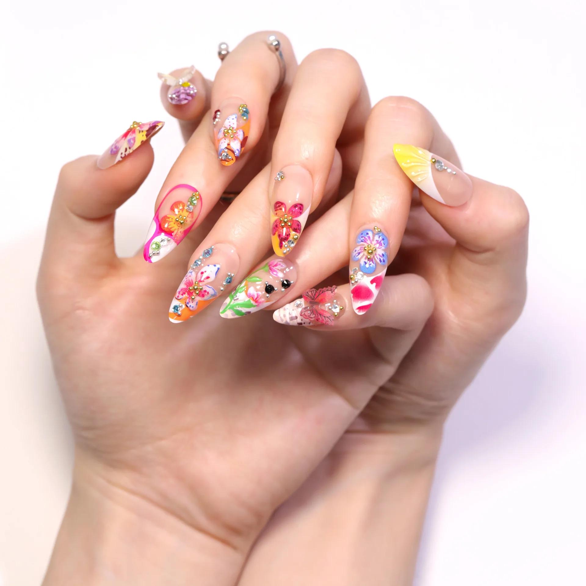 24 pièces fleur tropicale presse sur ongles coloré français 3D cristal papillon coquilles motif impr