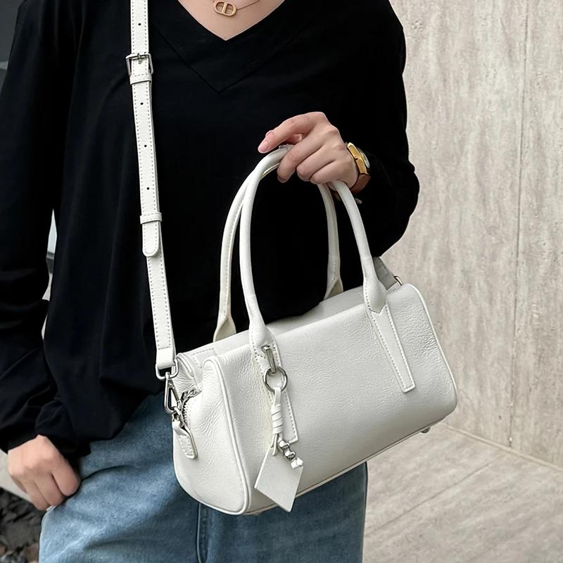 Sacs à bandoulière en cuir de vache véritable pour femmes, fourre-tout rétro Boston de styliste, sac