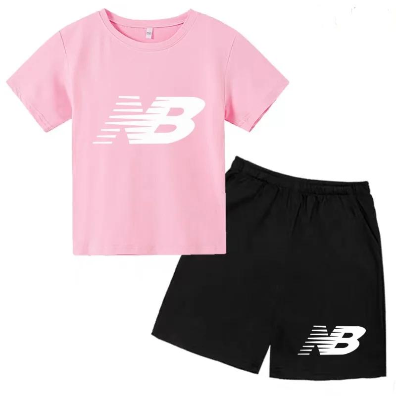 T-shirt noir à col rond et short pour enfants, ensemble de sport décontracté à manches courtes pour