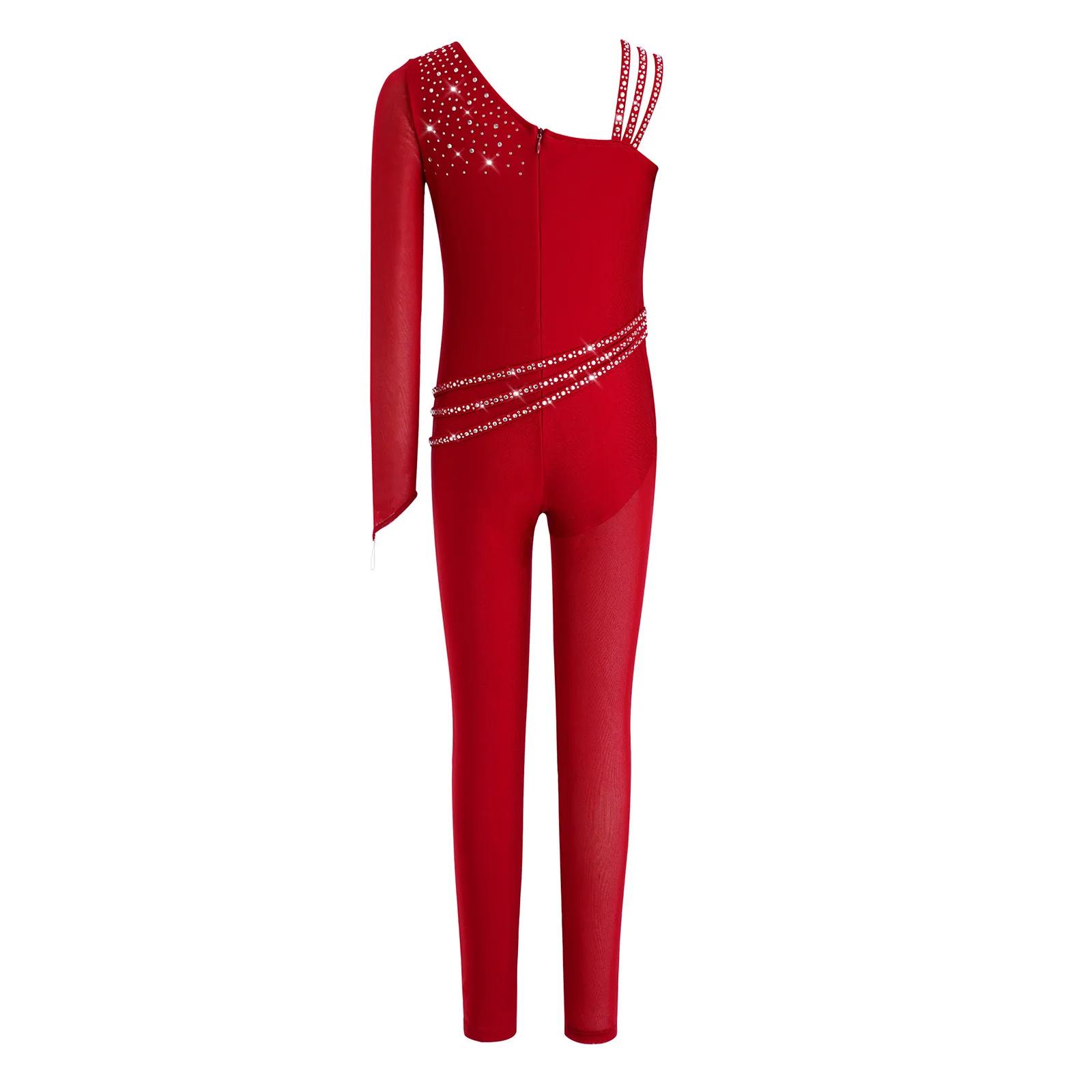 Justaucorps de danse et de gymnastique pour filles, avec strass scintillants, maille asymétrique, co
