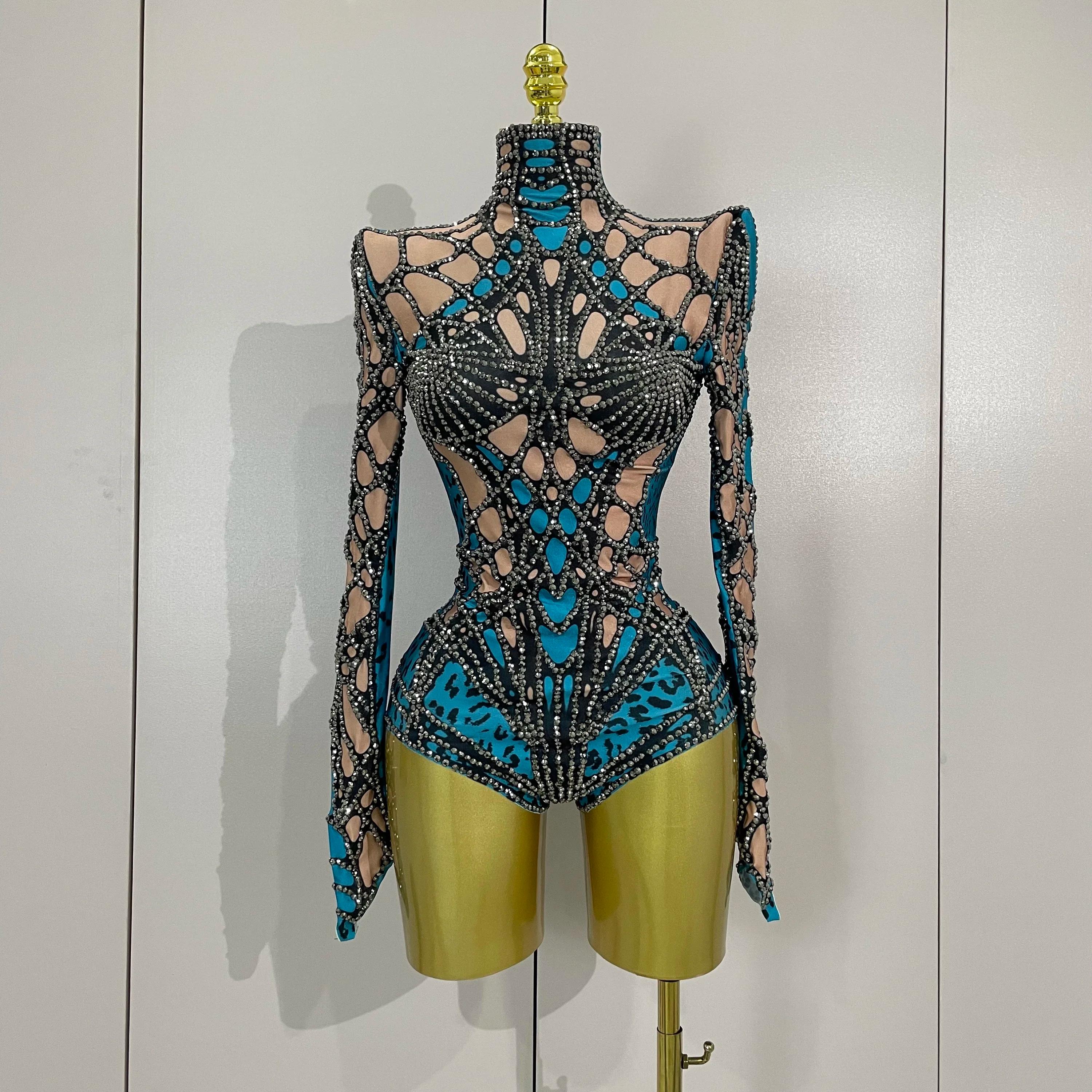 Body extensible à manches longues avec strass scintillants pour femmes, Costume de soirée de luxe po