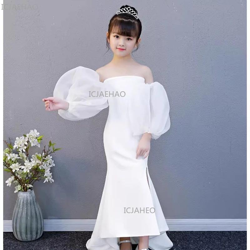 Robe sirène blanche sans bretelles pour filles avec traîne, tenue de cérémonie pour fête, costume de