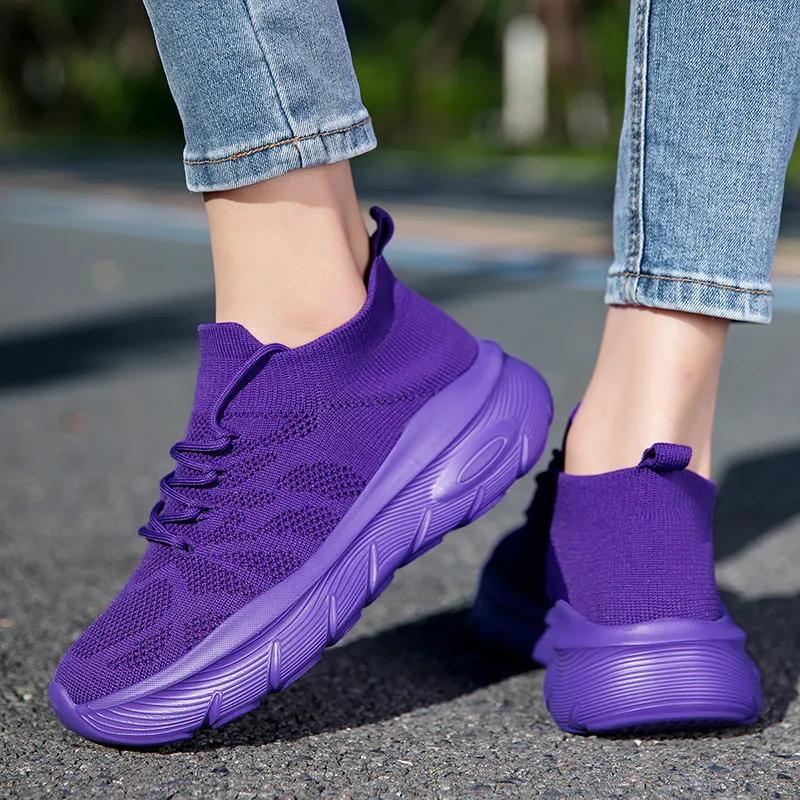 Mode tricot violet femmes chaussettes chaussures confort plate-forme chaussures de sport femmes form