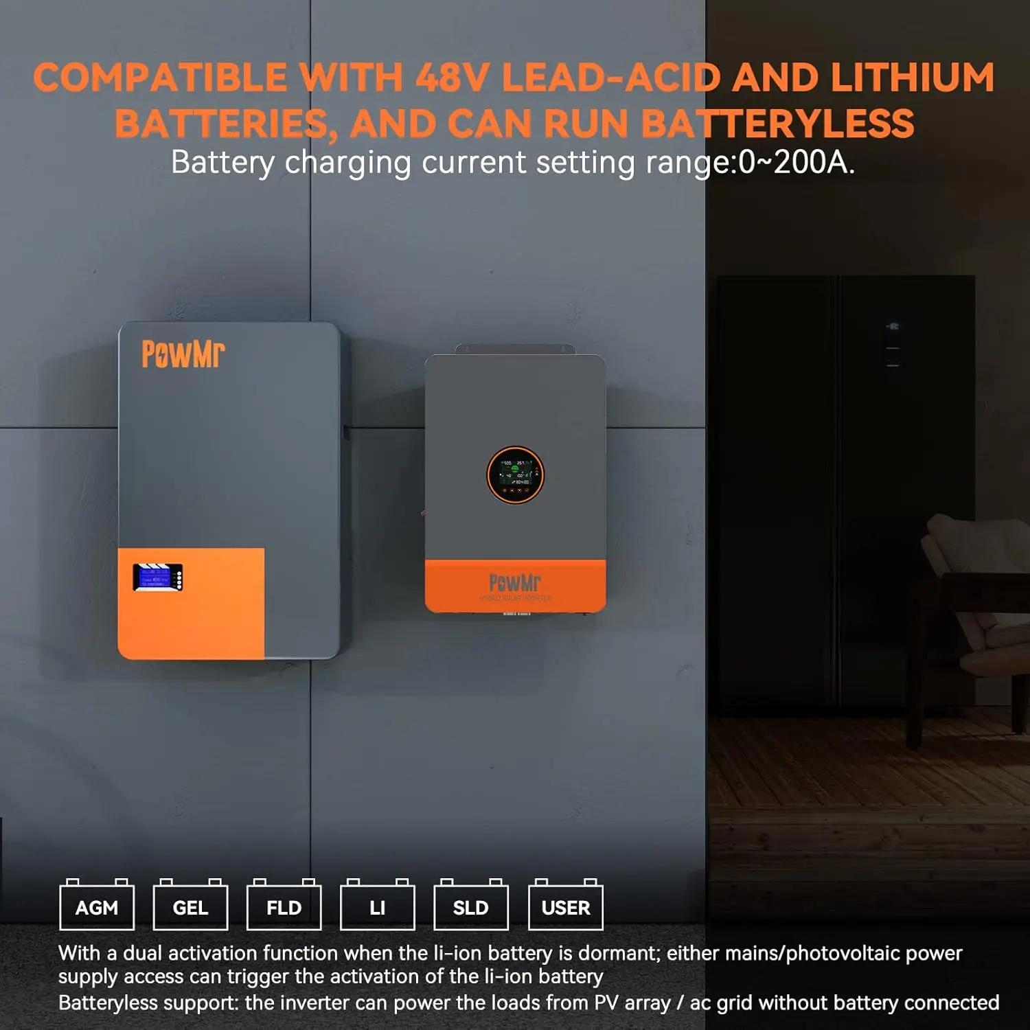 Convertisseur solaire hybride PowMr 10KW à phase fractionnée 48V 110V 220V, double MPPT, double sort