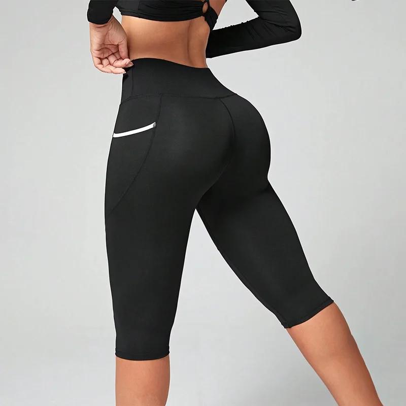 Leggings capri femme taille haute avec poches - Pantalon de yoga contrôle ventre entraînement fitness