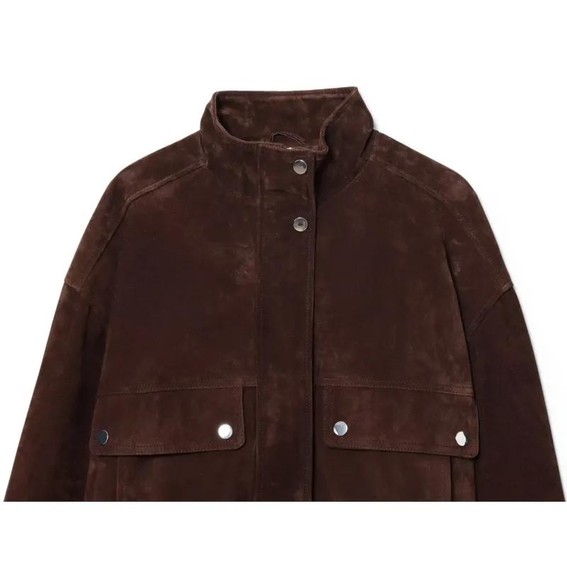 Femmes veste en cuir suédé avec poches automne mode col haut à manches longues bouton veste dame man