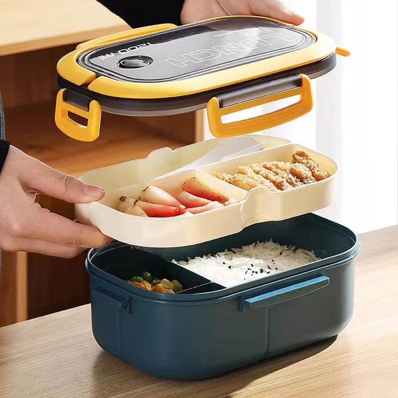 Boîte à lunch à bento portable étanche pour enfants, 2 couches, cuillère et fourchette, grande capac