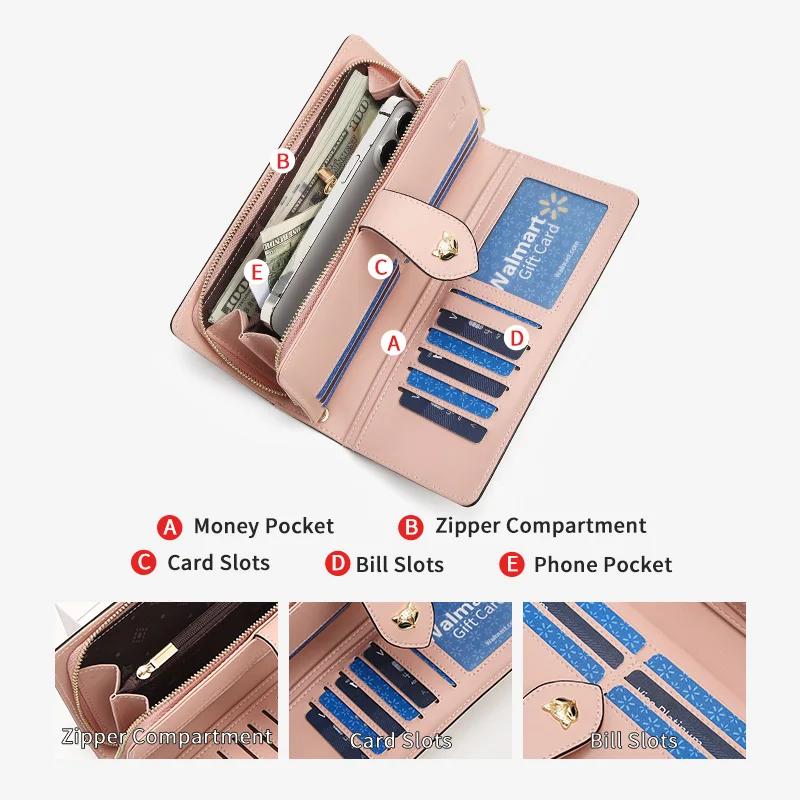 FOXER Portefeuille long de luxe pour femme en cuir fendu, élégant porte-cartes, pochette multi-carte