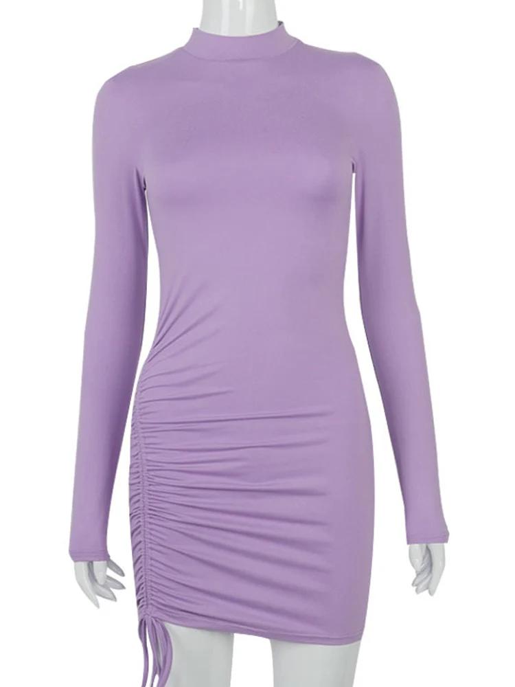 Robe moulante froncée à manches longues pour femmes, col roulé, Mini robe à bandes, noire, slim, ext