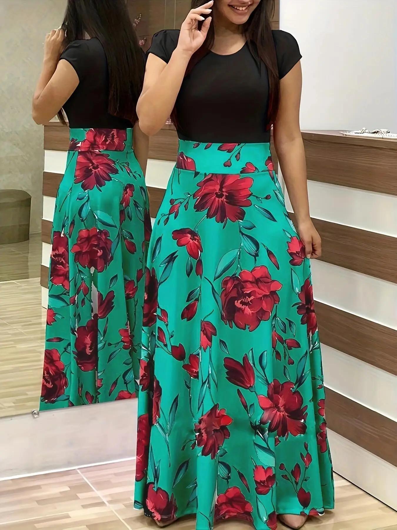 Robe à manches courtes pour femmes, style européen et américain, imprimé floral, couleur assortie, g