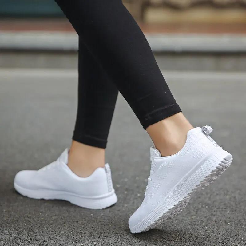 Chaussures décontractées femmes mode - Sneakers plates respirantes maille blanche confortables