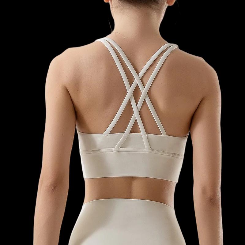 Soutien-gorge de sport en forme de U pour femme, couleur unie, dos croisé, fitness, exercice, yoga,