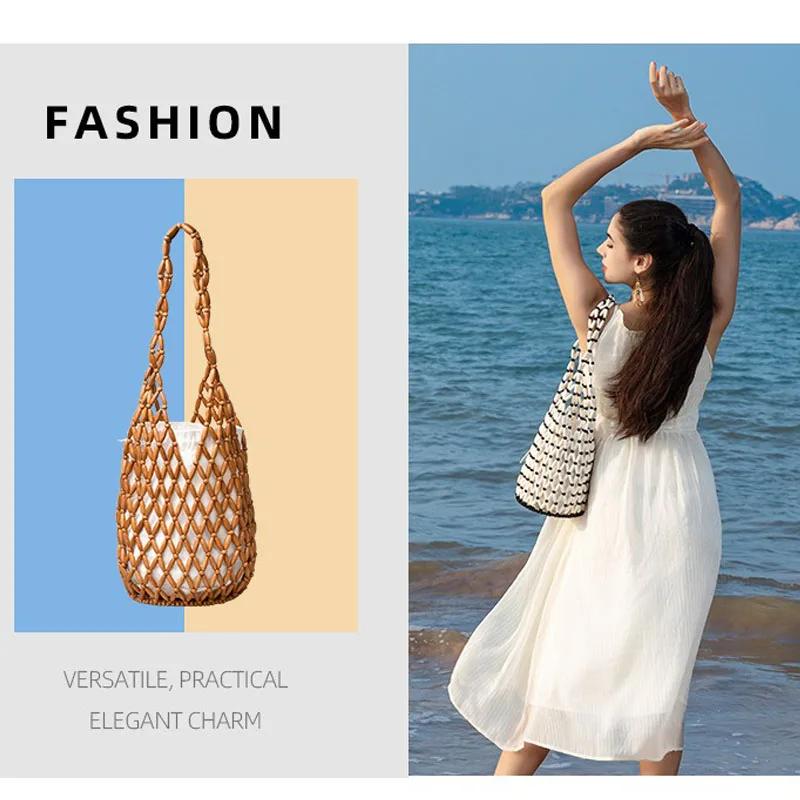 Sac à main tissé pour femmes, sac à perles en bois ajouré, sac seau à bandoulière, sac à main de pla