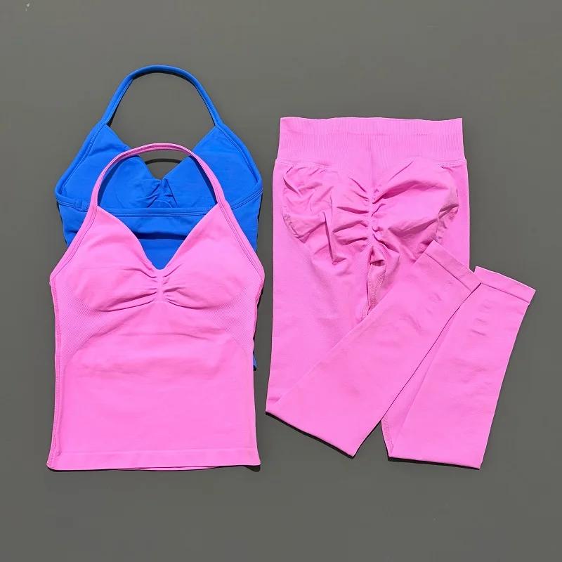Ensemble de yoga sans couture pour femme : haut dos nu et leggings taille haute froncés aux fesses,