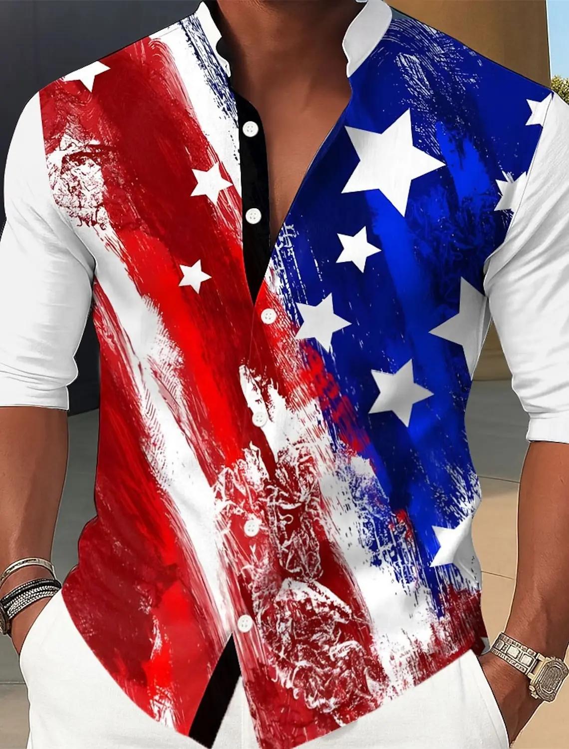 Chemise patriotique drapeau américain pour hommes, tenue décontractée, manches longues, col Mandarin