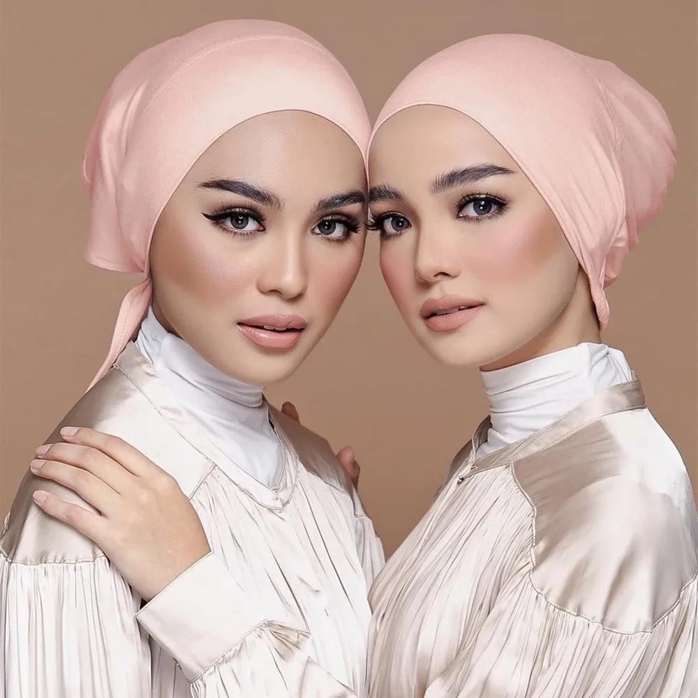 Bonnet Hijab en Satin Modal Double couche, sous-capuchon islamique avec cravate, Hijabs instantanés